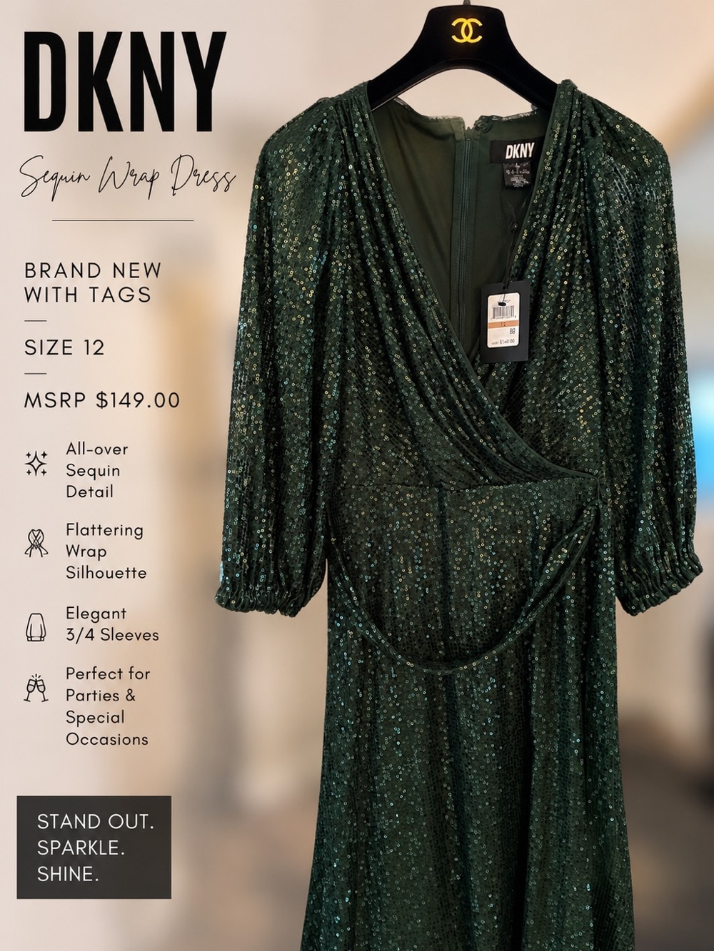 DKNY Emerald Green Sequin Wrap Dress - Long Sleeve